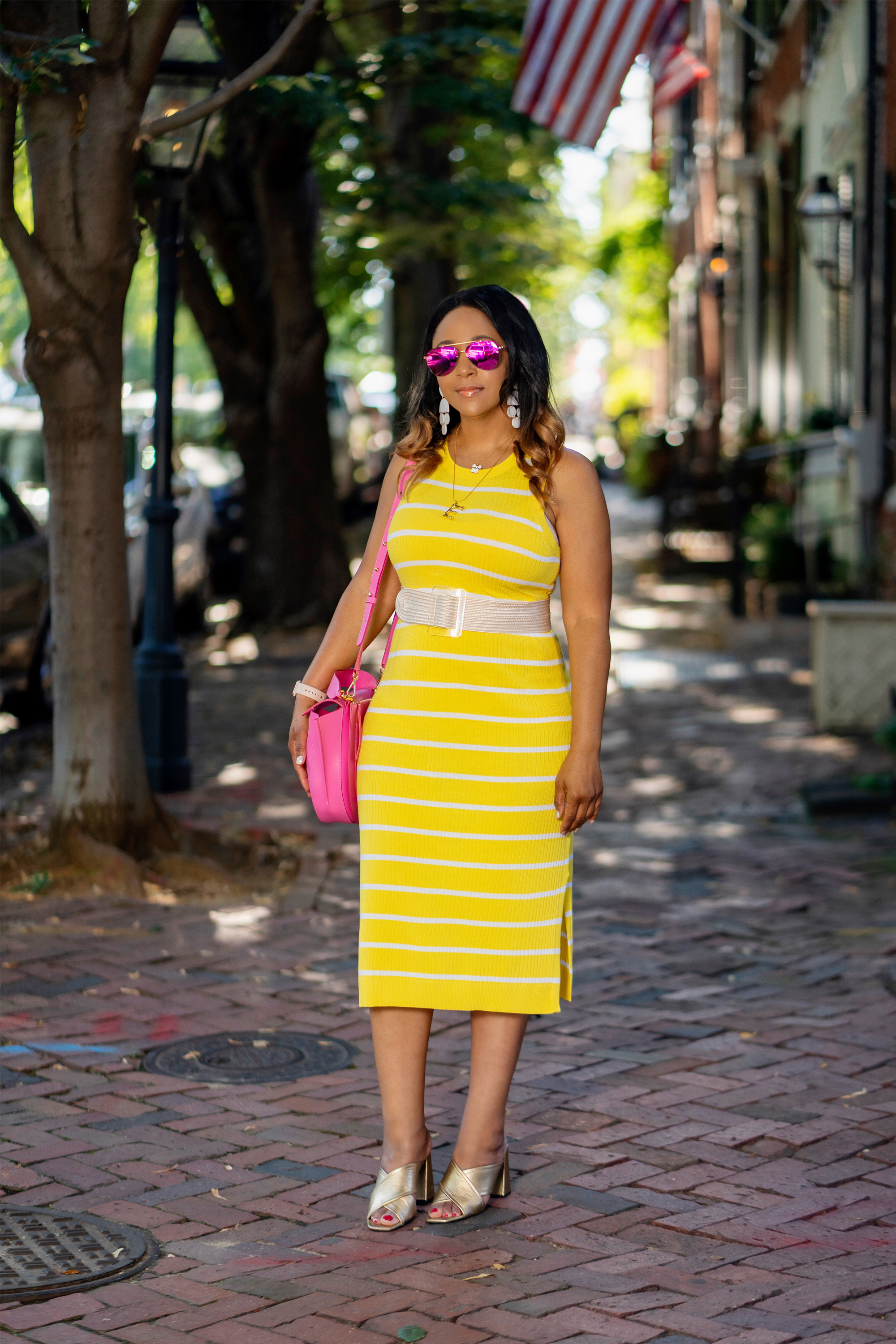 Falling Out of Love with Shopping + my Shopping Diet, Yellow and white Banana Republic Stripe Knit Dress, pink Wandler Hortensia Leather Shoulder Bag, Topshop Gold Mules