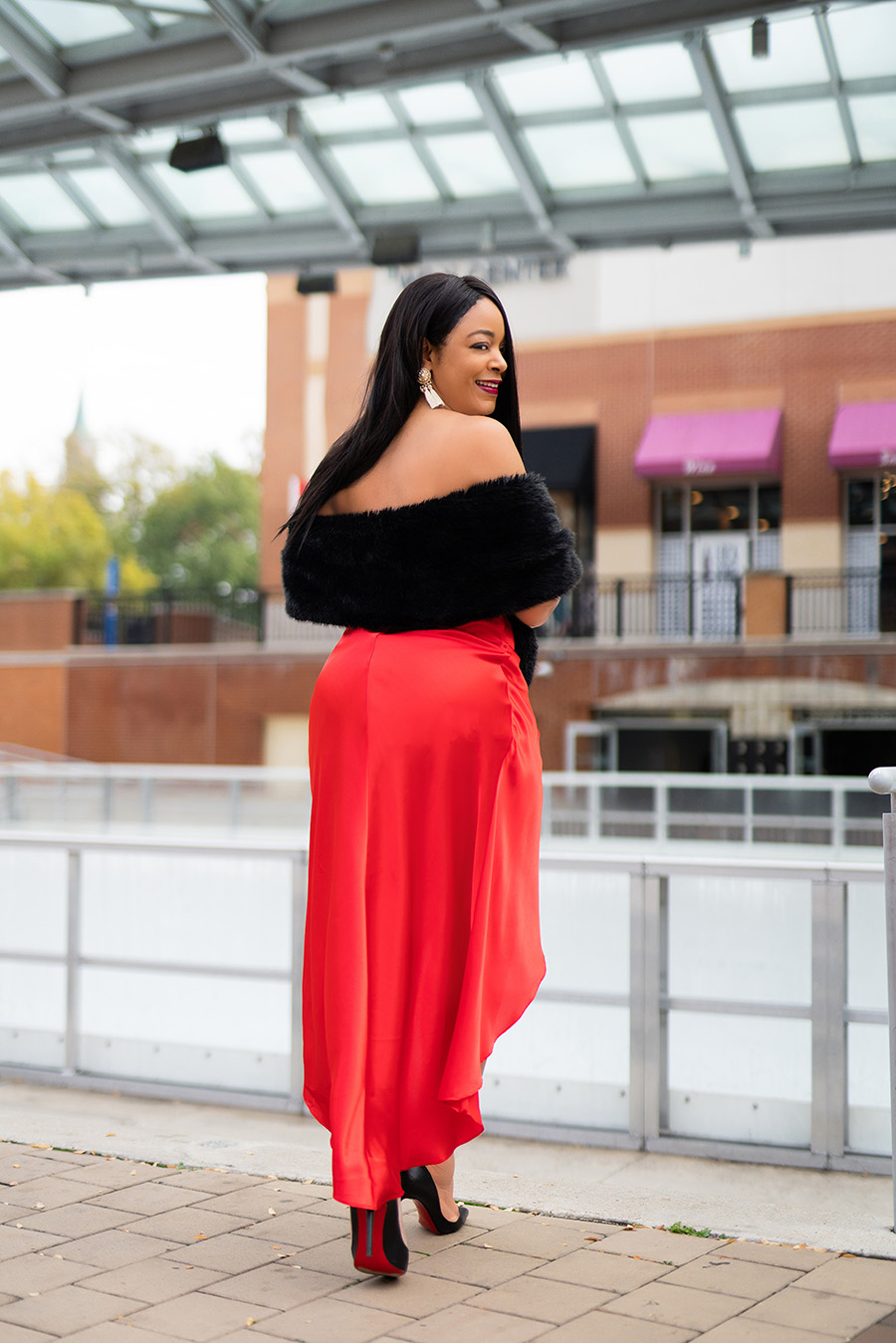 holiday outfit, What's Haute 2019 Holiday outfit ideas, 50 holiday looks, Coco Myles red satin high low dress, Christian Louboutin Pigalle pumps, Zara faux fur scarf, H&M gold fringe earrings