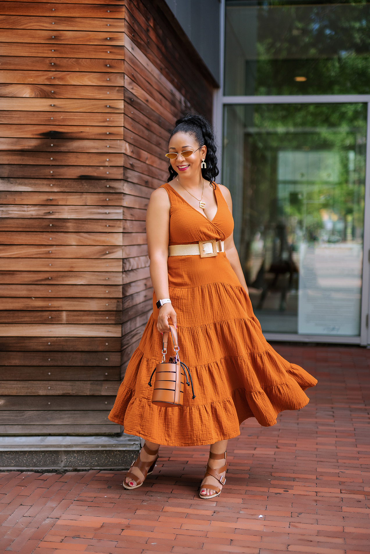 Pumpkin Spice and Everything Nice: What I'm Wearing: Women's Cateye Sunglasses - Wild Fable™ Gold, Women's Sleeveless Tiered Dress - Universal Thread™, Woven Elastic Stretch Waist Band Wood Buckle Belt, Eva Mendes Collection Cutout Bucket Bag, Essex Lane Finnet Wedge Sandal