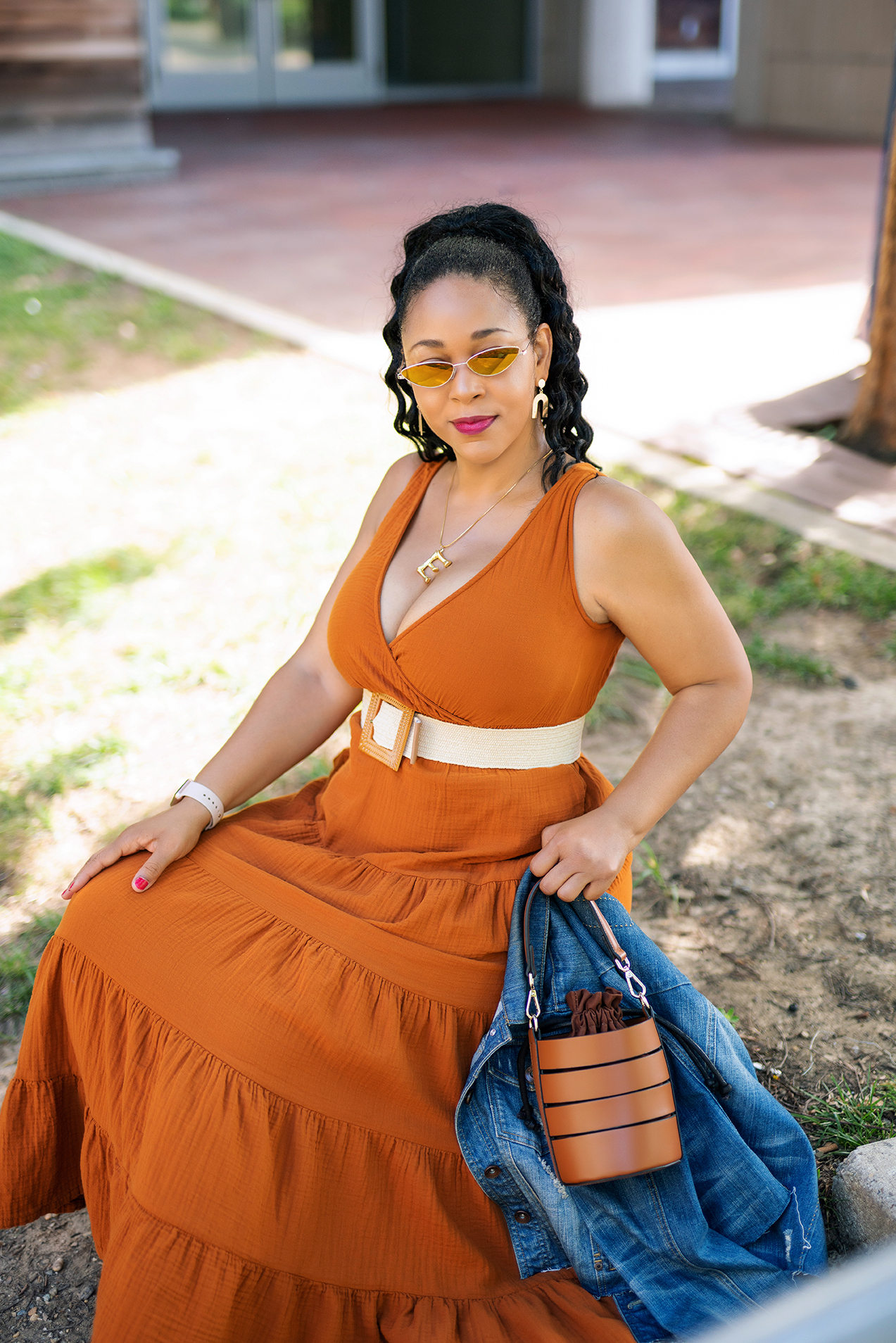 Pumpkin Spice and Everything Nice: What I'm Wearing: Women's Cateye Sunglasses - Wild Fable™ Gold, Women's Sleeveless Tiered Dress - Universal Thread™, Eva Mendes Collection Cutout Bucket Bag, Essex Lane Finnet Wedge Sandal