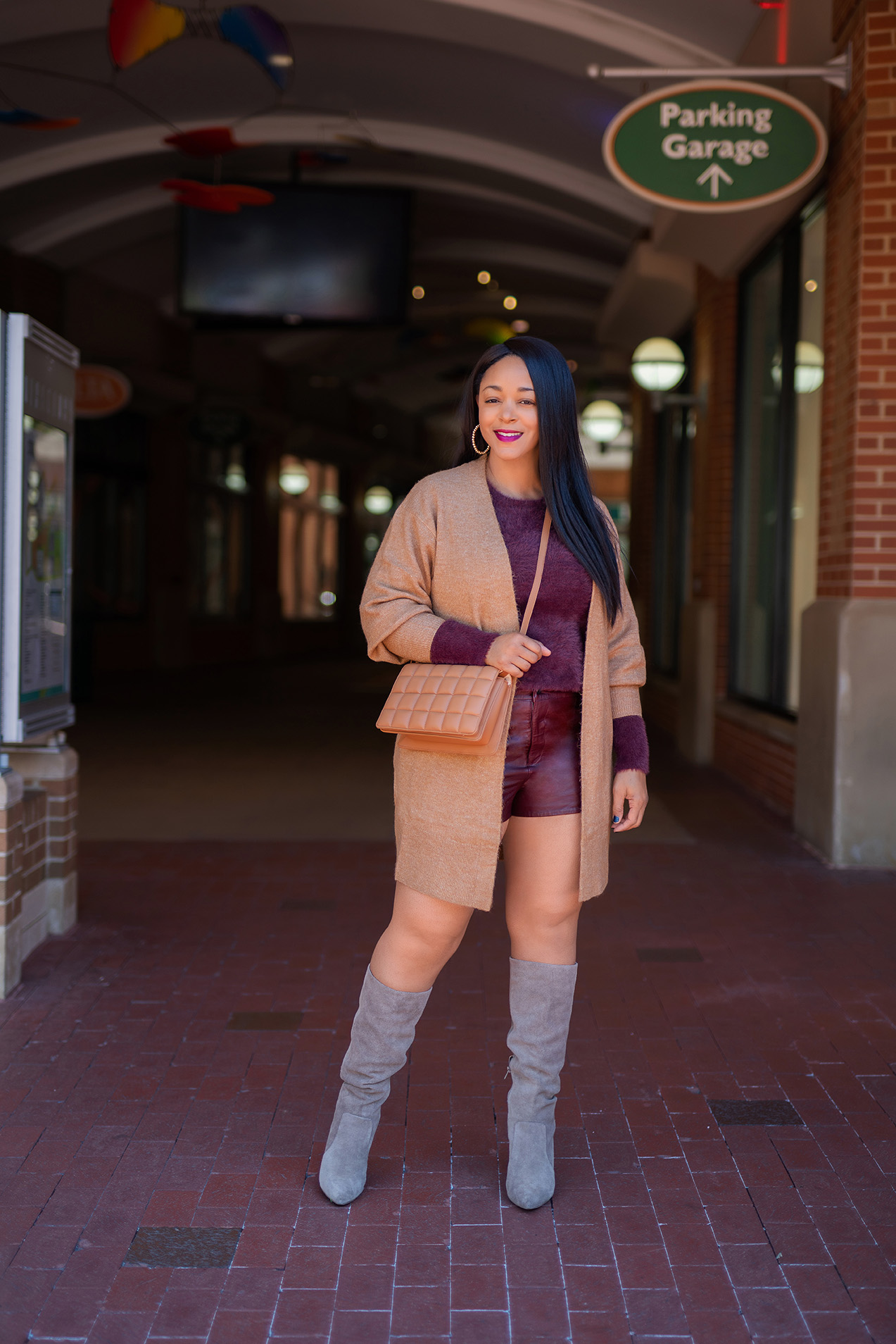 What's Haute, Style staples, What I'm Wearing: H&M Long Cardigan, Old Navy Burgundy Fluffy Sweater, ASOS Leather Shorts, Gap Brown Tall Slouchy Suede Boots, H&M Quilted Shoulder Bag
