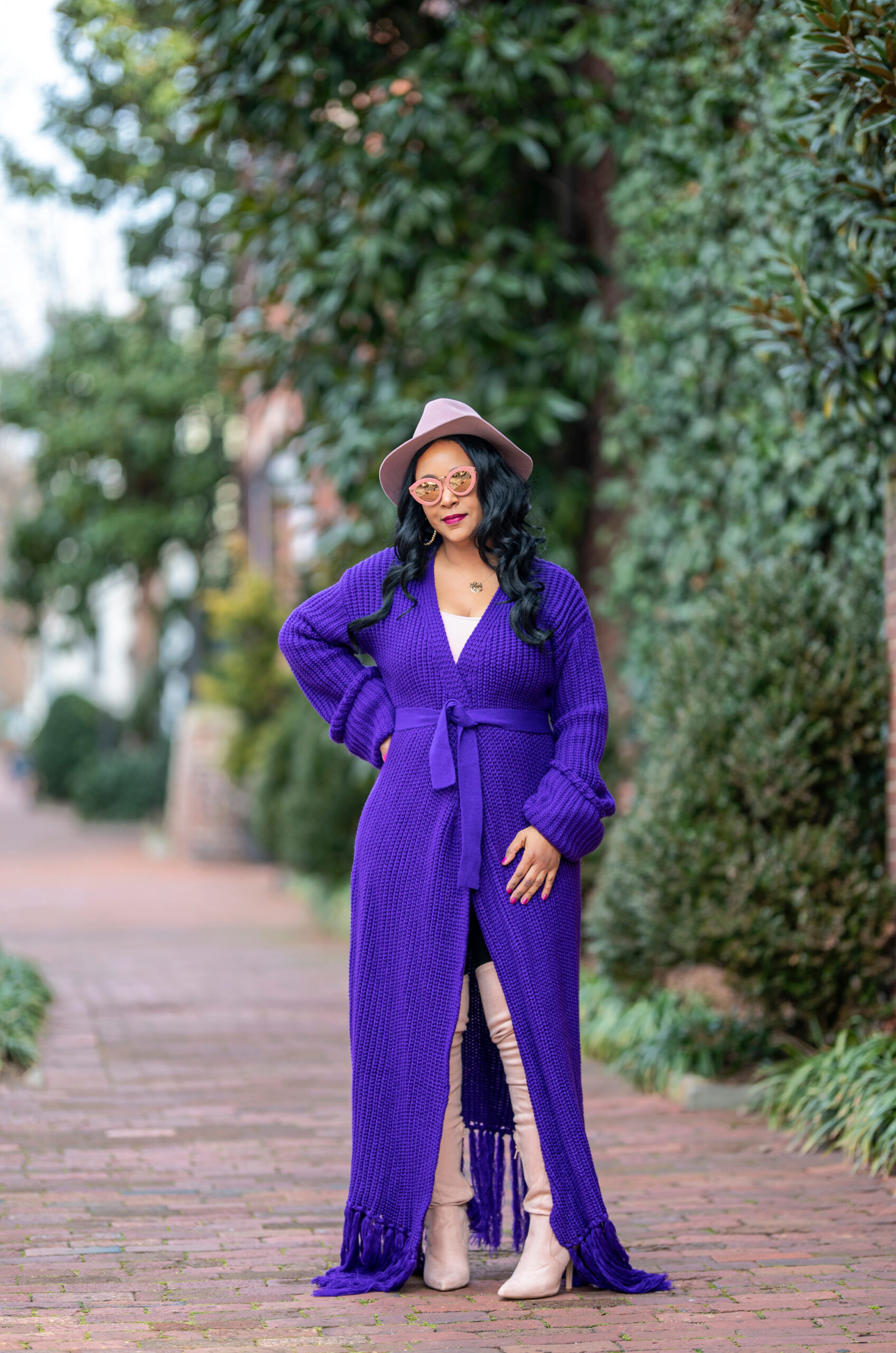 What I'm Wearing: The Color Purple, 2021 Inauguration inspiration, Hanifa Miya Knit Cardigan Dress, Forever 21 pink suede look over the knee boots, Banana Republic Fedora
