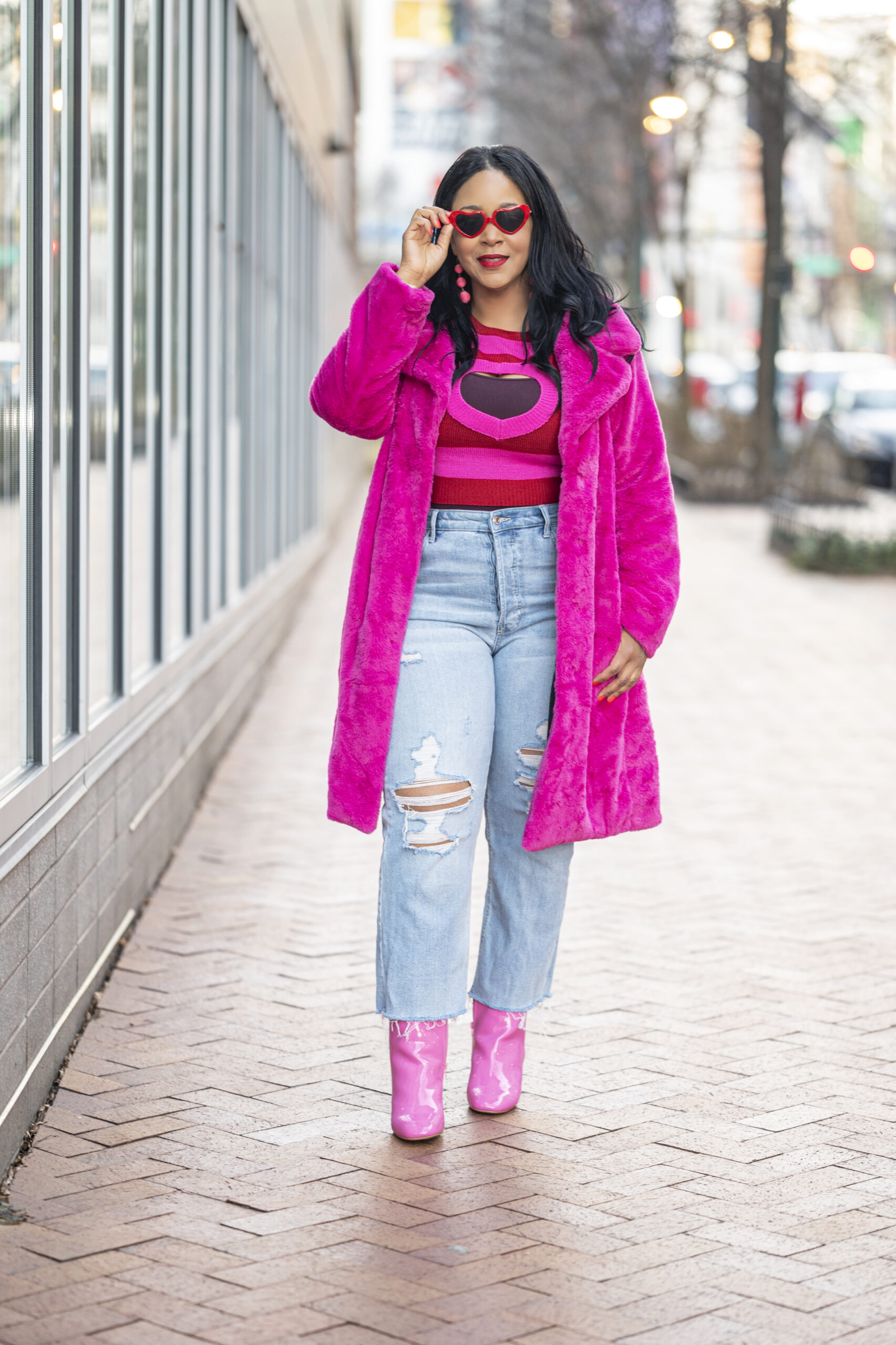 Happy Valentine's Day - What I'm Wearing: Heart Sunglasses, Faux Fur Coat, Cut Out Heart Pattern Colorblock Drop Shoulder Sweater, High Waisted Mom Jeans, Faux Patent Leather Zip-Up Block Heel Booties