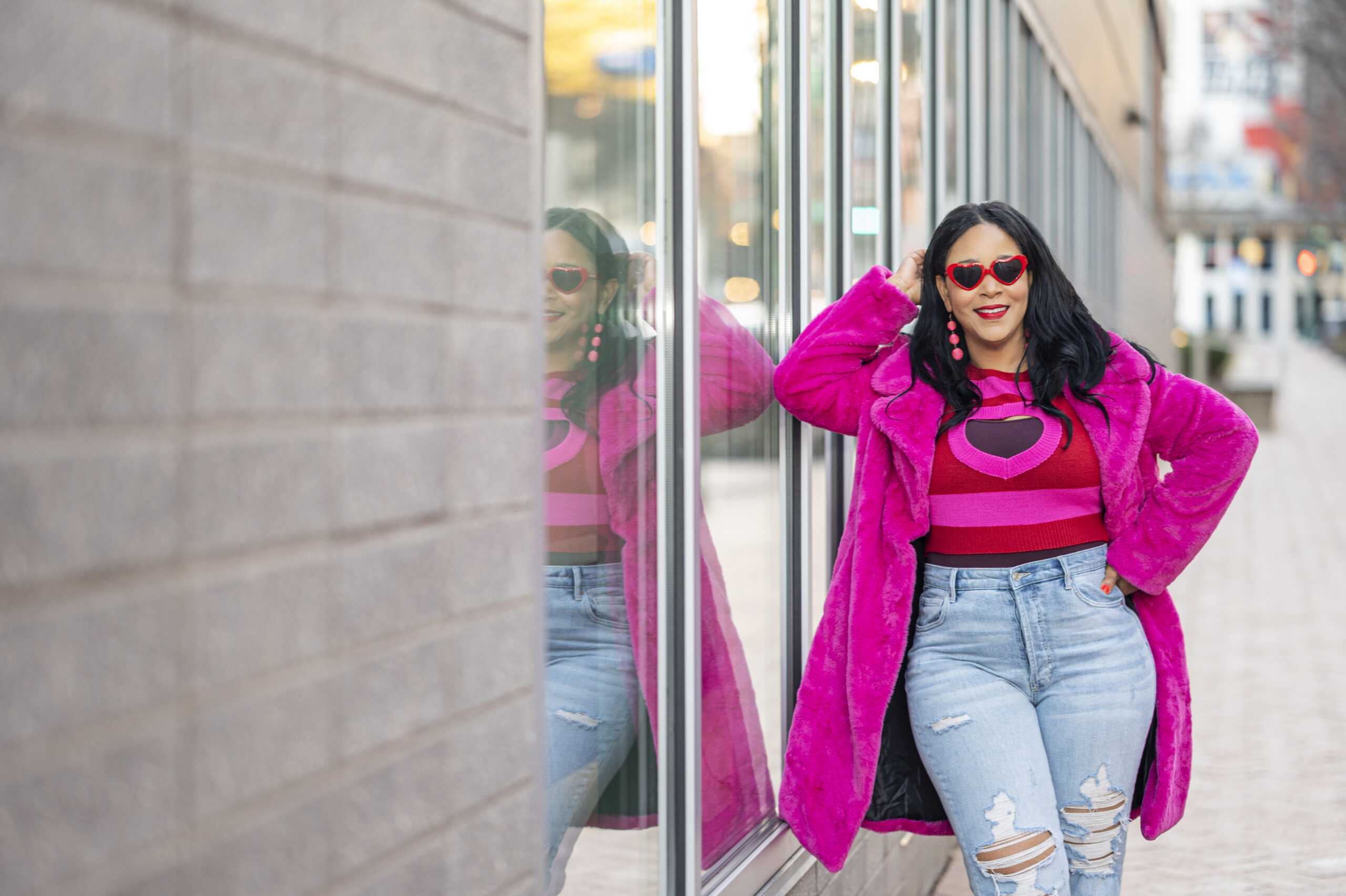 Happy Hearts Day and Happy Valentine's Day - What I'm Wearing: Heart Sunglasses, Faux Fur Coat, Cut Out Heart Pattern Colorblock Drop Shoulder Sweater, High Waisted Mom Jeans, Faux Patent Leather Zip-Up Block Heel Booties