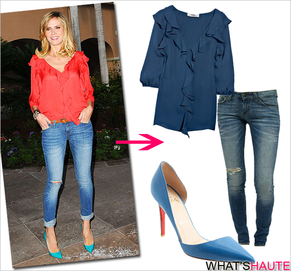 Want to look supermodel chic and effortlessly fab? Steal Heidi Klum's haute look Tibi silk blouse with ruffle detail JET Denim by John Eshaya Hippie Fade Skinny Jeans Christian Louboutin Pigalle Point-Toe Pumps