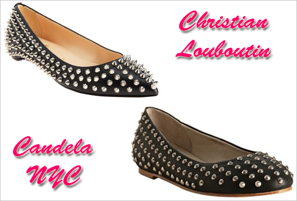 Shoe wars Christian Louboutin Pigalle Spikes Flat vs. Candela NYC black leather studded 'Punk' ballerina flat