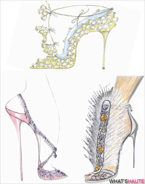 shoe designs for Kate Middleton to wear on her wedding day Manolo Blahnik ivory silk pumps, detailed with organza lilies of the valley and sea pearls; René Caovilla’s white satin sandals with marabou feathers and colorful Swarovski crystals; and Casadei’s silk pump with jeweled straps and embroidered floral details