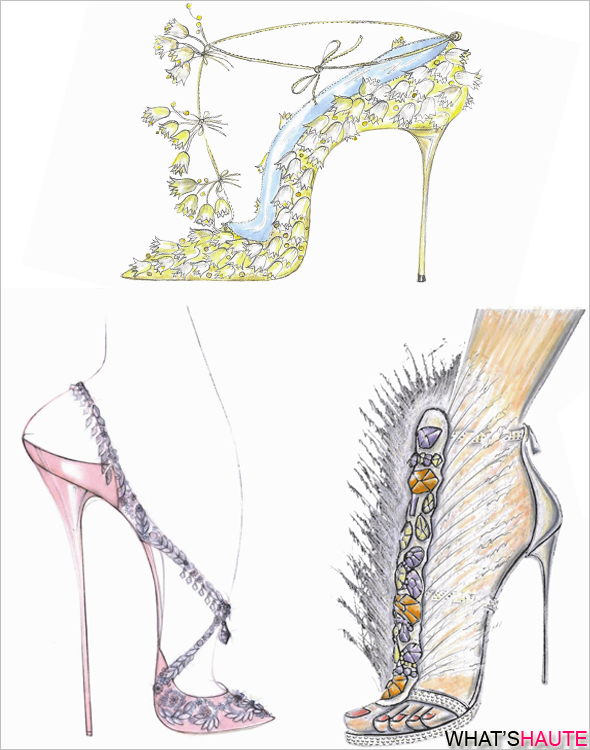 shoe designs for Kate Middleton to wear on her wedding day Manolo Blahnik ivory silk pumps detailed with organza lilies of the valley and sea pearls René Caovilla's white satin sandals with marabou feathers and colorful Swarovski crystals and Casadei's silk pump with jeweled straps and embroidered floral details