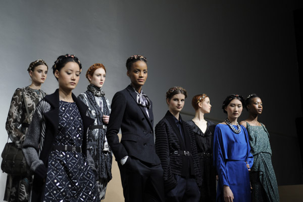 Models pose at the Rachel Roy Fall 2011 presentation during Mercedes-Benz Fashion Week at The Donald & Mary Oenslager Gallery on February 15, 2011 in New York City