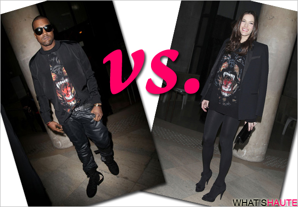 Who rocked it hotter wore it better Kanye West vs. Liv Tyler in Givenchy rottweiler dog shirt