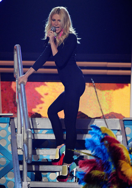 Gwyneth Paltrow Grammys Christian Louboutin Futura Peep Toe Ankle Booties black jumpsuit cee lo green fringe earrings