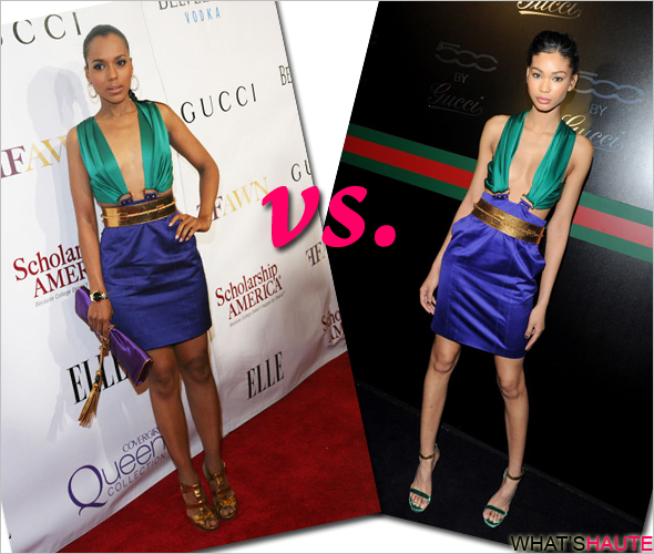 Who-rocked-it-hotter-Kerry-Washington-vs-Chanel-Iman-in a colorblock Gucci Spring '11 dress