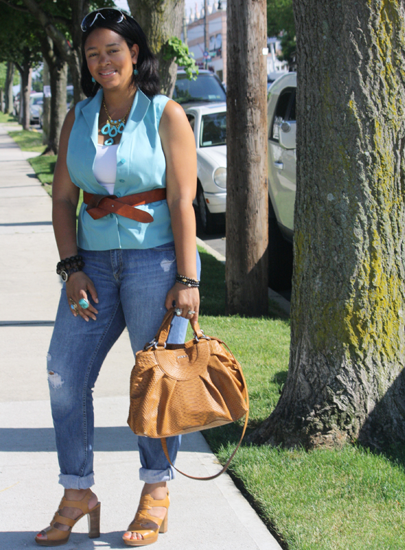 me-wearing-DIY do it yourself necklace-close-up What I wore Sunglasses Carrera, Top Jones New York, Knot belt H&M, Boyfriend jeans Express, Bag Furla Rubino Python Stamped Medium Cognac Shopper, Sandals Nine West Rings Topshop and Target, Bracelets Dyoh jewelry