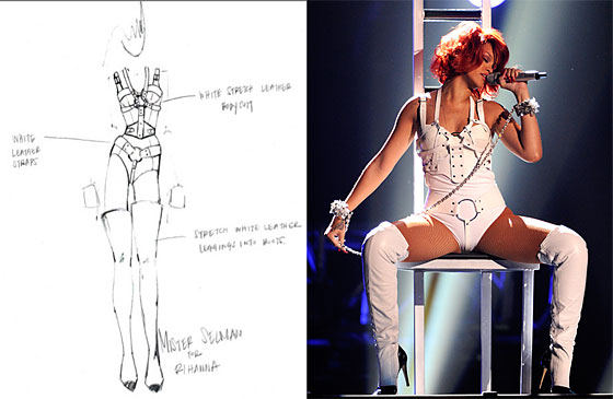 Rihanna-LOUD-tour-custom-Adam Selman bodysuit YSL mens tuxedo Fleet Ilya harness