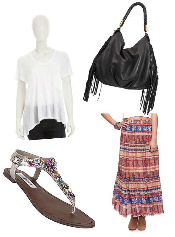 Steve-Madden-GROOOM-Sandals-CC-Skye-Rich-Gypsy-Bag-in-Black-Forever-21-Paisley-Print-Maxi-Skirt-Boxy-Pocket-Tee,-White