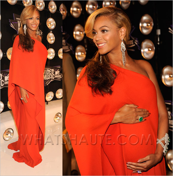 beyonce knowles carter pregnant in draped orange red Lanvinv dress baby bump at the 28th Annual MTV Video Music Awards at Nokia Theatre L.A. LIVE on August 28, 2011 in Los Angeles