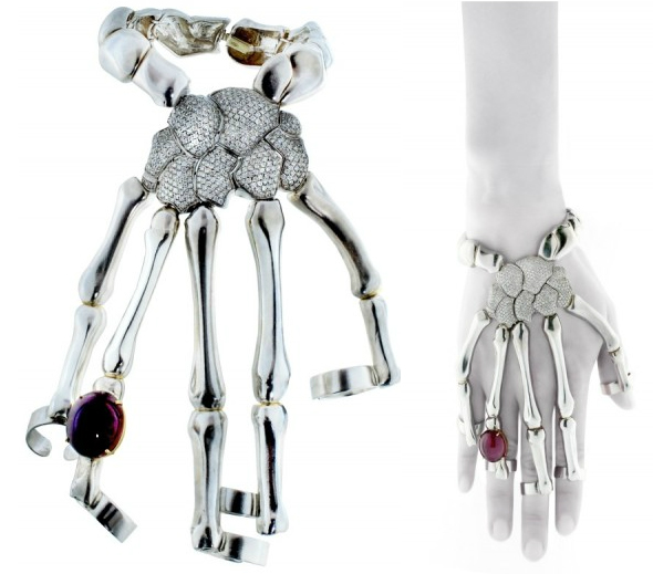 Delfina Delettrez Special Order Diamond and Cabochon Ruby Skeleton Hand Bracelet