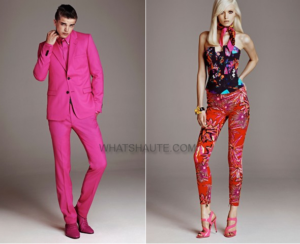 Versace-for-H&M-men's-and-women's-apparel-pink-suit-print-bustier-pants-pink-sandals