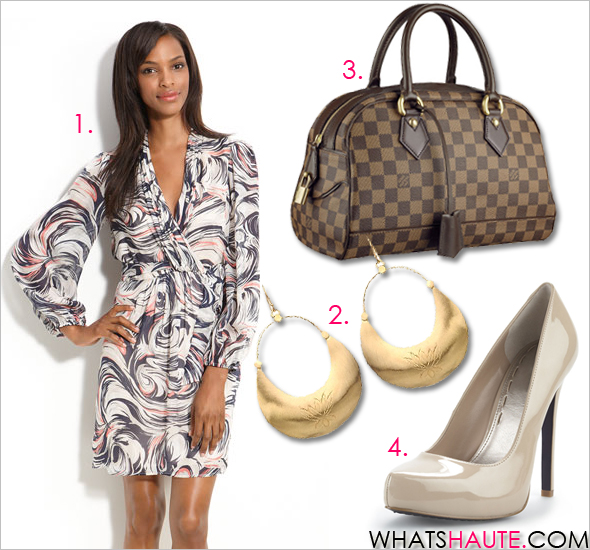 get-her-haute-look-carmen Laundry by Shelli Segal Print Chiffon Dress Satya Jewelry Medium Gold Vermeil Crescent Earrings RACHEL Rachel Roy Carmelle nude patent Pumps Louis Vuitton Damier Duomo handbag