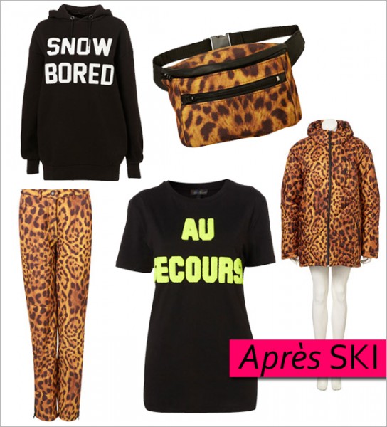 Ashish-for-Topshop-ski collection puffy jackets, ski pants, hoodies, tees fanny packs leopard print Chalet Come With You Piste Off Snow Bored Au Secors