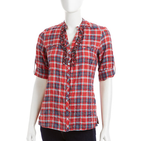 Drew Plaid Ruffle-Front Blouse in red