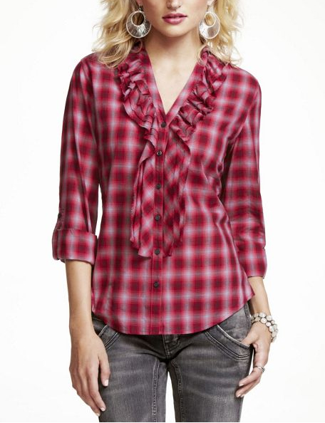 Express Plaid Ruffle Shirt - RED