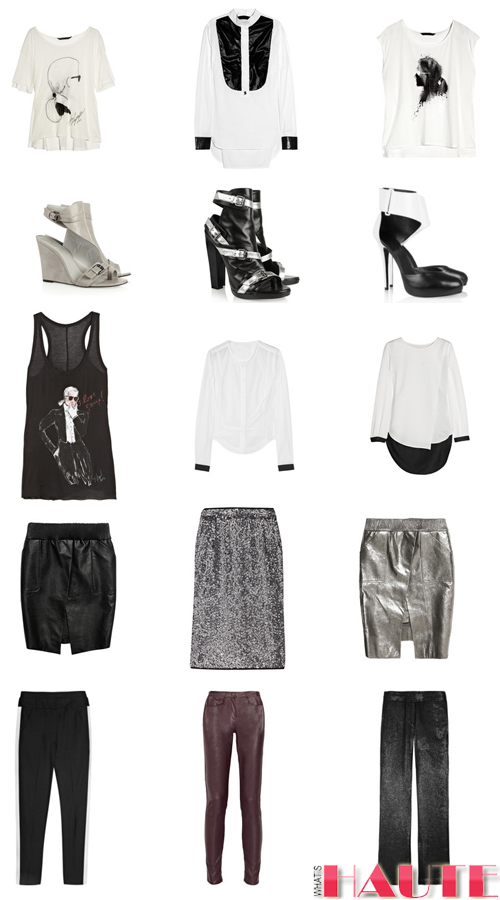 KARL by Karl Lagerfeld at Net-a-Porter tops t-shirts tanks cutout wedge sandals platforms leather skirts leather pants