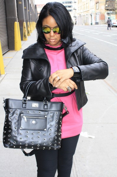 My Style Knomo Ravello bag hot pink Marc by Marc Jacobs dress DvF moto leggings Nine West boots Icing sunglasses D&G cuff Moschino watch 2