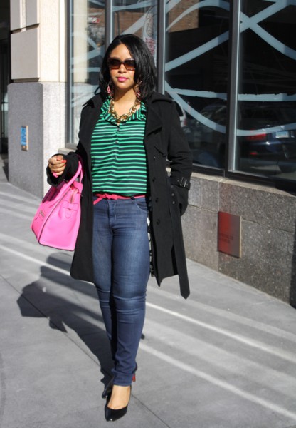 My style - J Crew striped blouse Hudson jeans hot pink Celine Leather Luggage Tote black Christian Louboutin pumps Ben Amun gold link necklace 1