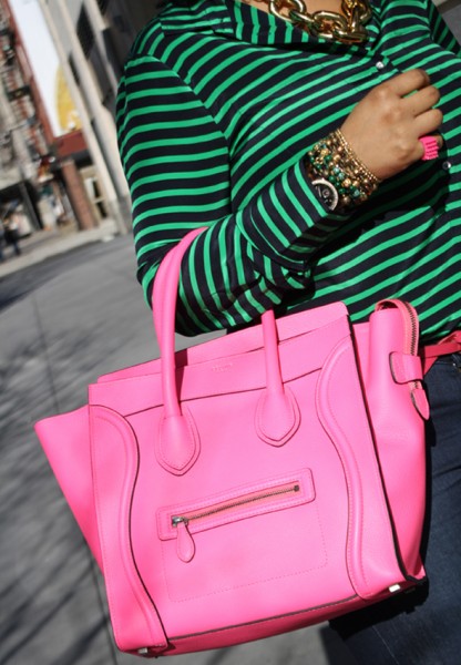 My style - J Crew striped blouse Hudson jeans hot pink Celine Leather Luggage Tote black Christian Louboutin pumps Ben Amun gold link necklace 6