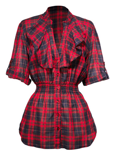 Susie Rose Juniors Cinched Ruffle Front Plaid Blouse