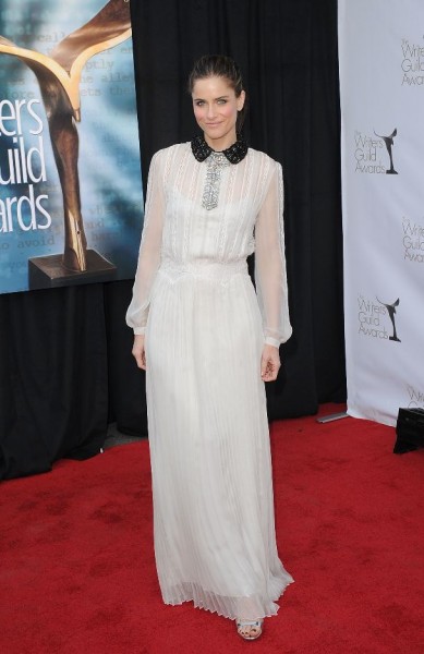 Amanda Peet at 2012 Writers Guild Awards in Pre-Fall 2012 white chiffon long sleeved gown with black and silver embellished collar by ALBERTA FERRETTI