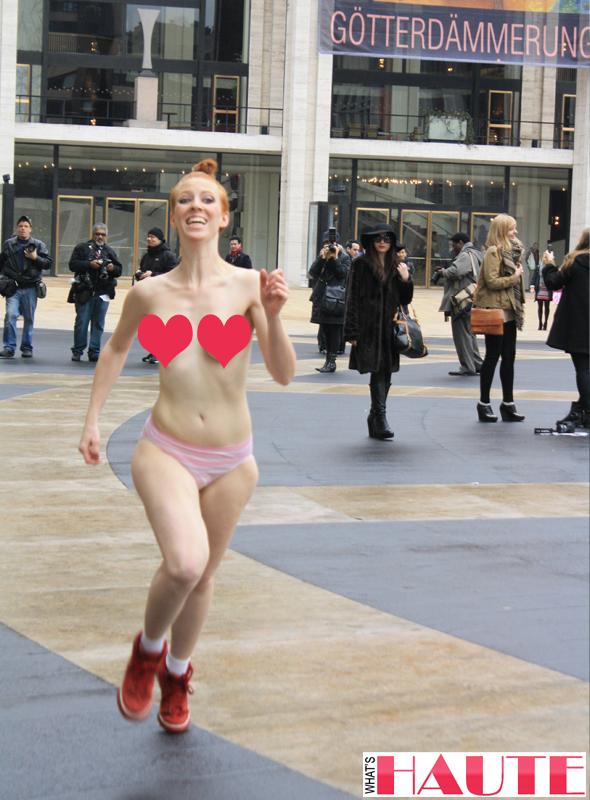 New York Fashion Week street style - streaker at Lincoln Center