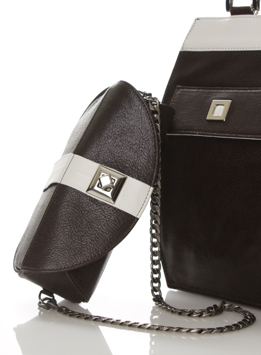 Lisa Vanderpump Handbag in brown with matching makeup bag evening clutch and tablet pocket closeup