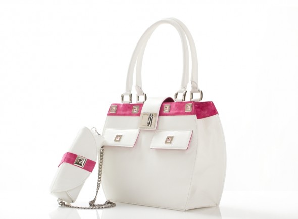 Lisa Vanderpump Handbag in white with matching makeup bag evening clutch and tablet pocket side view