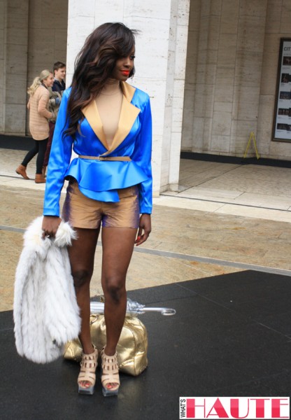 New York Fashion Week street style - blue blazer tan shorts