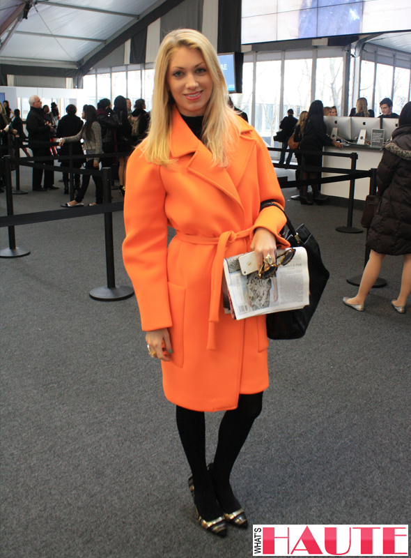 New York Fashion Week street style - neon orange coat from Joe Fresh