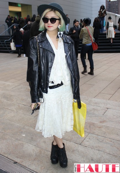 New York Fashion Week street style -white dress leather jacket