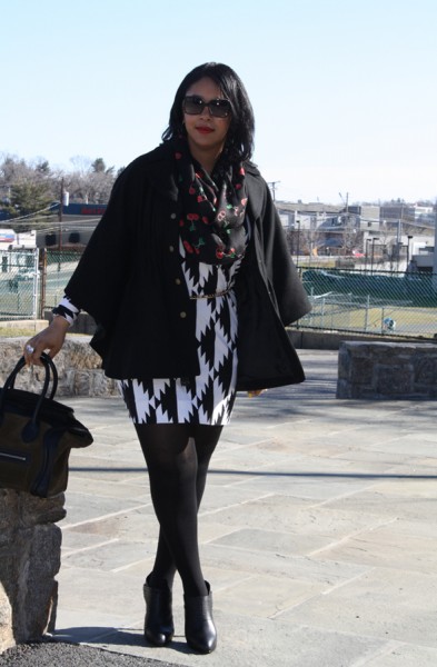 Hilary Radley wool cape, H&M cherry print infinity scarf, Fendi sunglasses, Diane von Furstenberg black and white print dress, Zara chain and tassel belt, No More Muffin Top tights, Max Studio booties, Celine suede and leather luggage tote