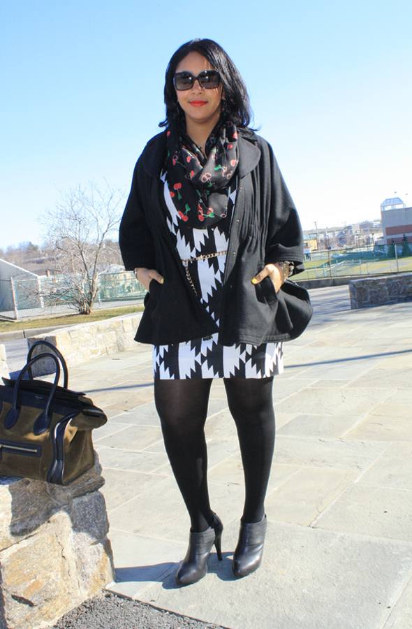 Hilary Radley wool cape, H&M cherry print infinity scarf, Fendi sunglasses, Diane von Furstenberg black and white print dress, Zara chain and tassel belt, No More Muffin Top tights, Max Studio booties, Celine suede and leather luggage tote