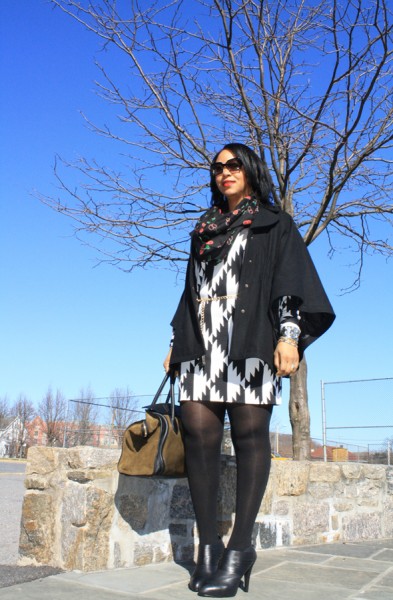 Hilary Radley wool cape, H&M cherry print infinity scarf, Fendi sunglasses, Diane von Furstenberg black and white print dress, Zara chain and tassel belt, No More Muffin Top tights, Max Studio booties, Celine suede and leather luggage tote