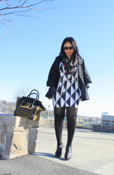 My style - Hilary Radley wool cape, H&M cherry print infinity scarf, Fendi sunglasses, Diane von Furstenberg black and white print dress, Zara chain and tassel belt, No More Muffin Top tights, Max Studio booties, Celine suede and leather luggage tote