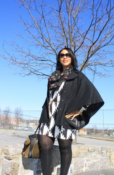 My style - Hilary Radley wool cape, H&M cherry print infinity scarf, Fendi sunglasses, Diane von Furstenberg black and white print dress, Zara chain and tassel belt, No More Muffin Top tights, Max Studio booties, Celine suede and leather luggage tote