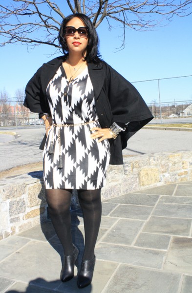 My style - Hilary Radley wool cape, H&M cherry print infinity scarf, Fendi sunglasses, Diane von Furstenberg black and white print dress, Zara chain and tassel belt, No More Muffin Top tights, Max Studio booties, Celine suede and leather luggage tote