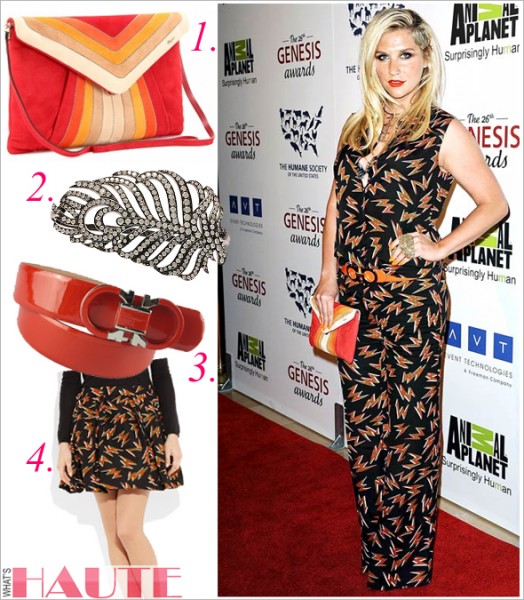 Kesha in Miu Miu lightning bolt print jumpsuit Salvatore Ferragamo orange suede clutch