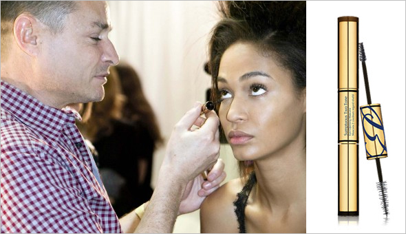 Tom Pecheux with model Joan Smalls at Derek Lam New York Fashion Week, Estee Lauder Sumptuous Two Tone Eye-Opening Mascara 