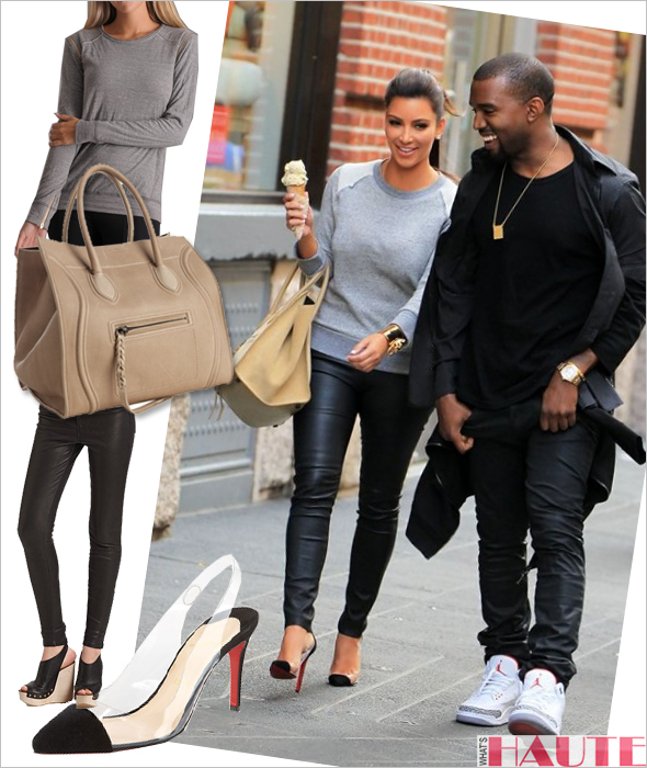 Kanye West and Kim Kardashian in grey 194t Crop Sweatshirt with Reverse Raglan Celine taupe leather 'Luggage Phantom' square tote leather leggings Christian Louboutin Unbout Illusion Slingback pumps