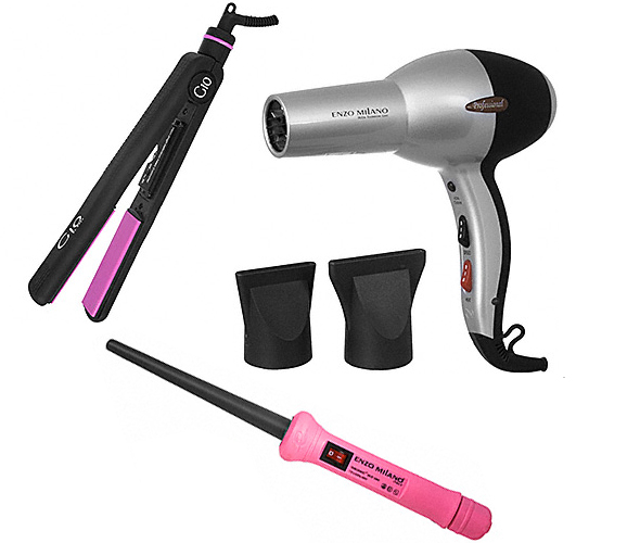 Enzo Milano hair care tools - flat iron, blowdryer and conical curling iron