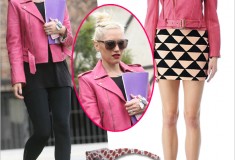 Get her haute look: Gwen Stefani in a pink Kelly Wearstler Rio Obsidium Lamb Jacket, Stella McCartney Oriental Red eco-friendly sunglasses and Acne Pistol leather ankle boots