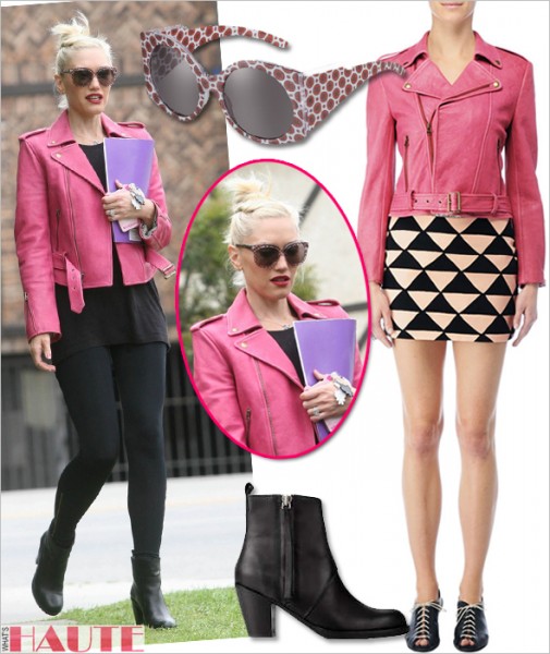 Get her haute look - Gwen Stefani in a pink Kelly Wearstler Rio Obsidium Lamb Jacket, Stella McCartney Oriental Red eco-friendly sunglasses and Acne Pistol leather ankle boots